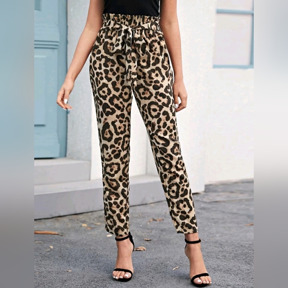Shein Leopard Print Paperbag Belted Waist Pants, Sz. L